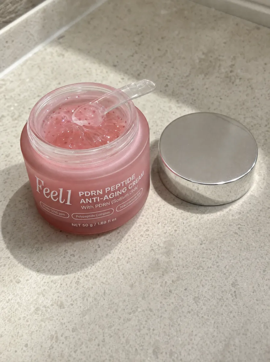 Open jar of Feel1 PDRN Peptide Anti-Aging Cream with pink capsule gel-cream and a spatula