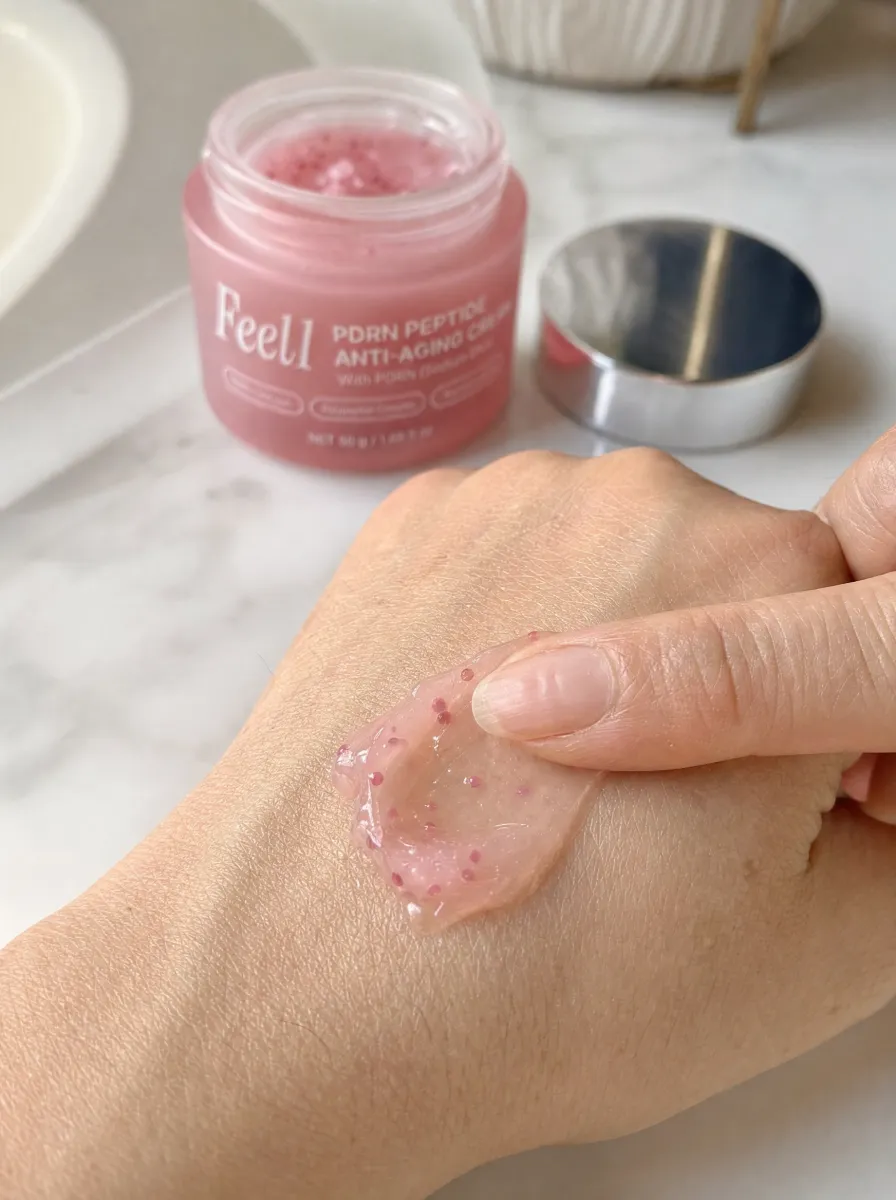 Pink Feel1 PDRN cream with visible capsules spread on the back of a hand