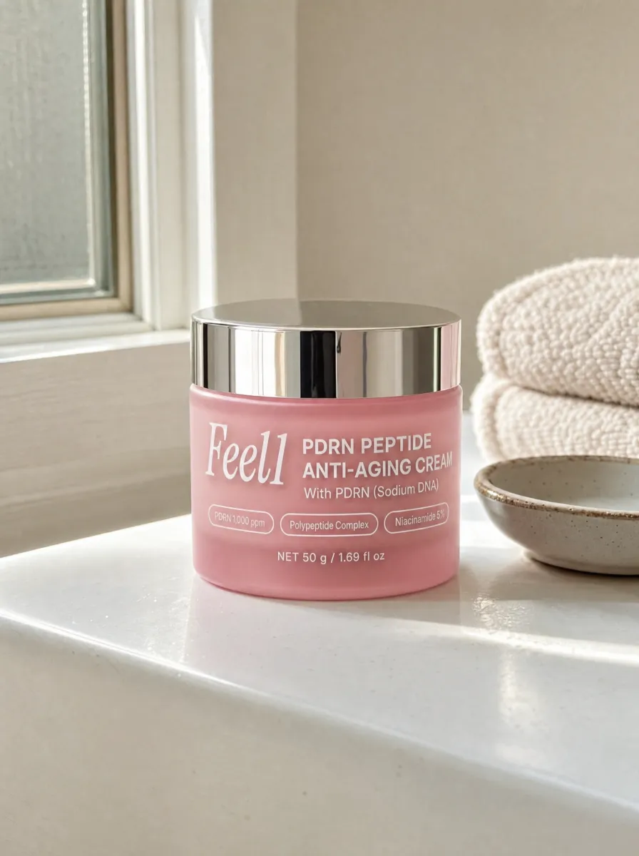 Feel1 PDRN Peptide Anti-Aging Cream jar on a bathroom windowsill
